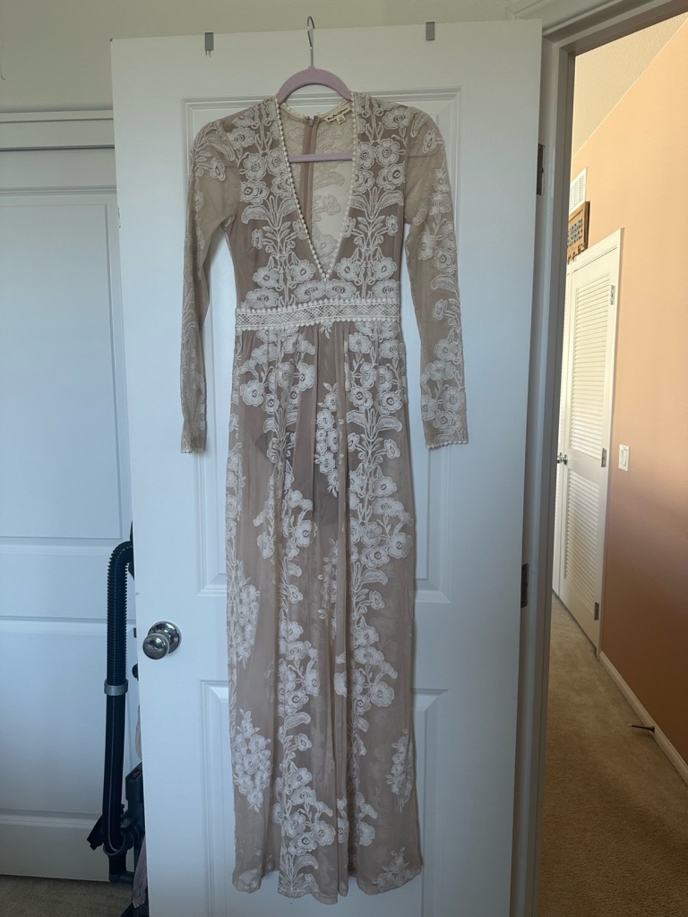 For Love & Lemons Beige Maxi Dress with White Lace Embroidery